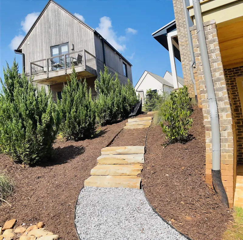 Flagstone steps climbing a mulched slope between evergreens