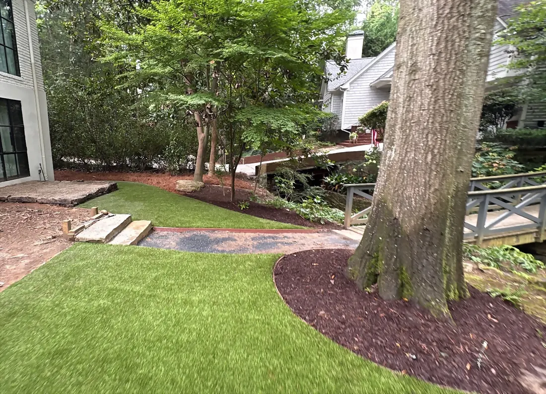 Turf lawn wrapping a mature hardwood with a freshly mulched bed